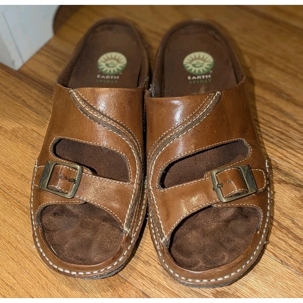 Boho Leather Comfort Slides Brown Buckle Earth Origins Dallas Womens 8.5